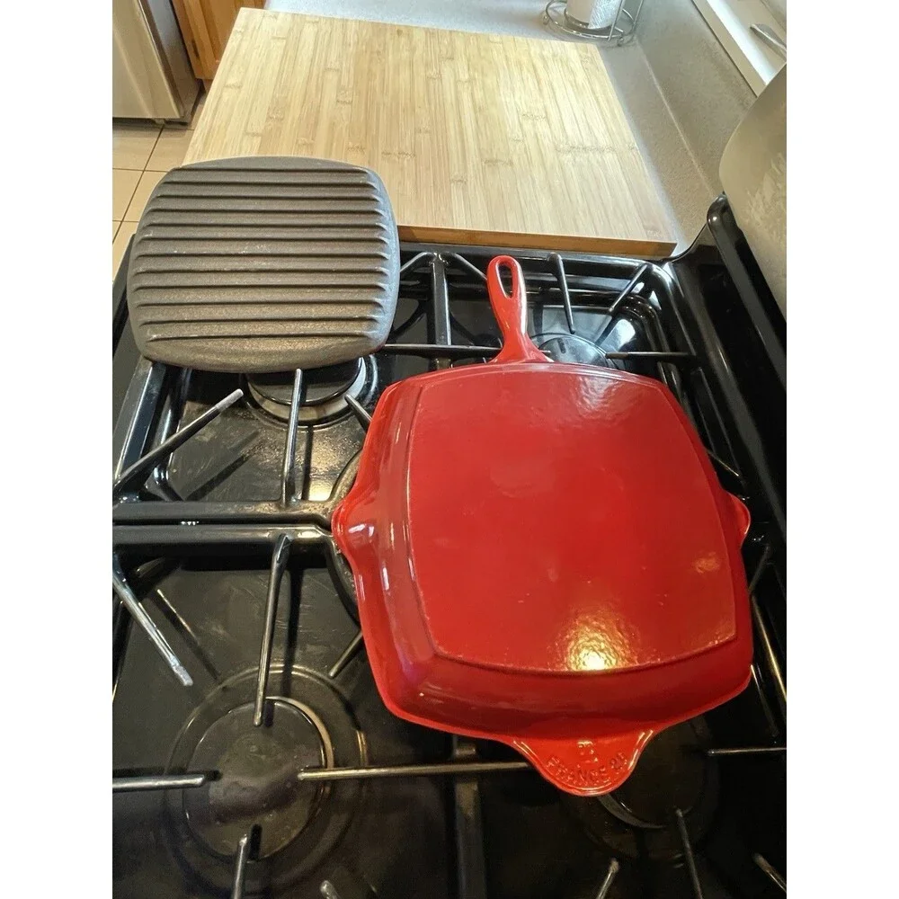 Vintage Le Creuset #26 Red Square Grill Pan France + Cast Iron Panini Press